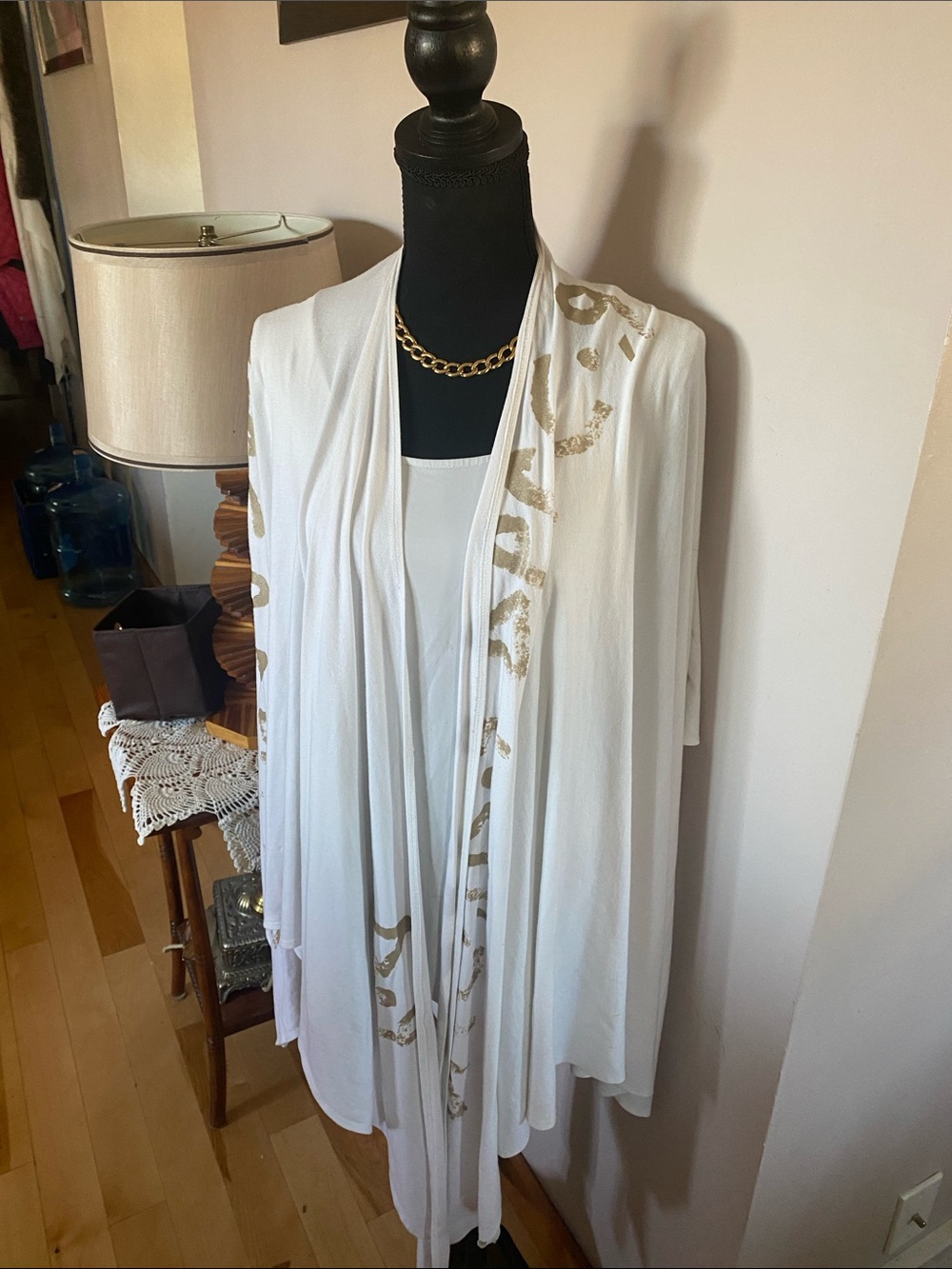 White Open-Front Women's Drape Cape with Gold Accent